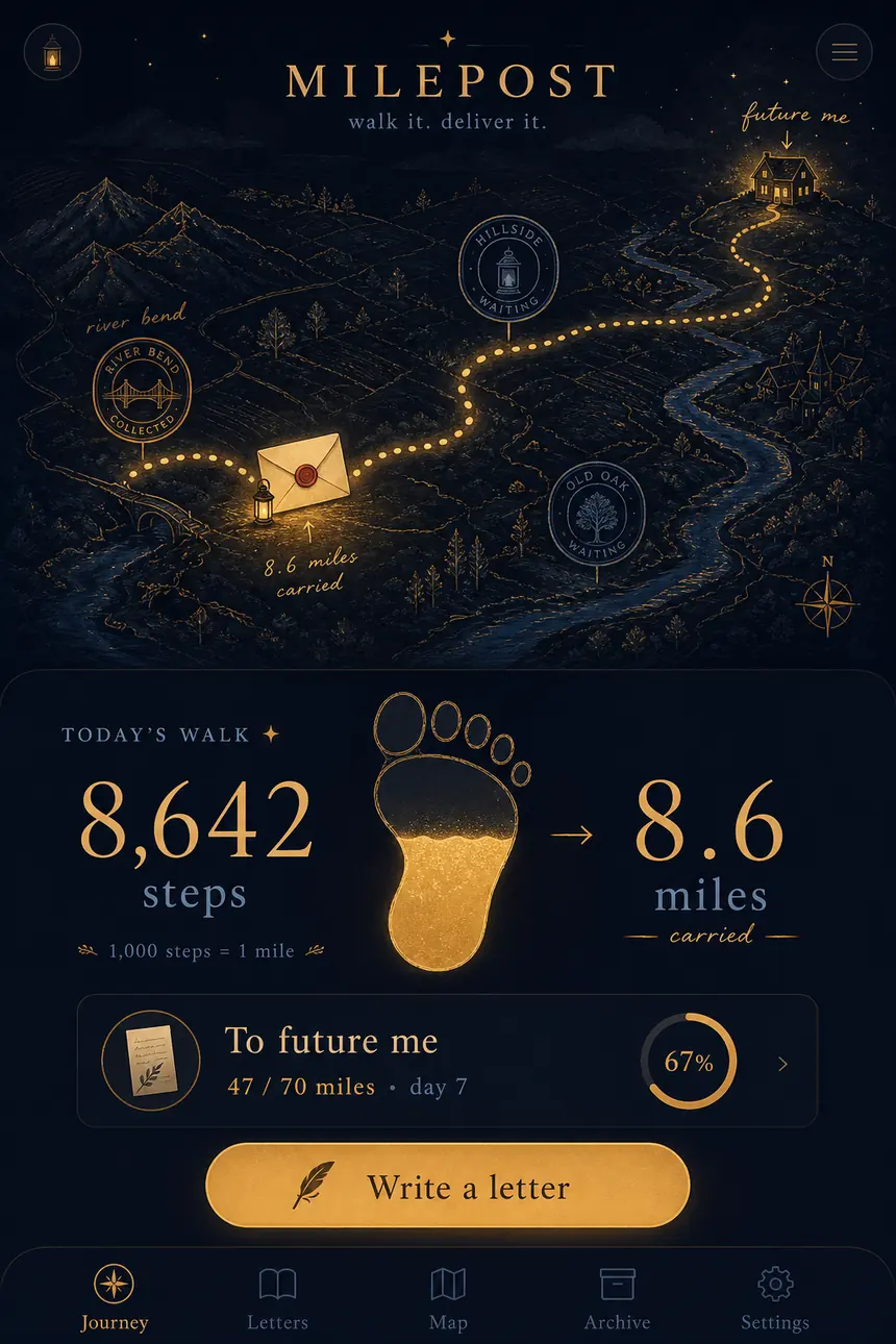 Milepost home screen: a sealed letter glowing on a night map, 8,642 steps converted to 8.6 miles carried