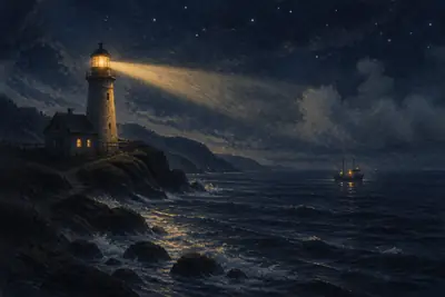 Postcard: a lighthouse on a dark coast