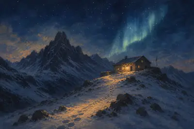 Postcard: a snowbound mountain pass under the aurora