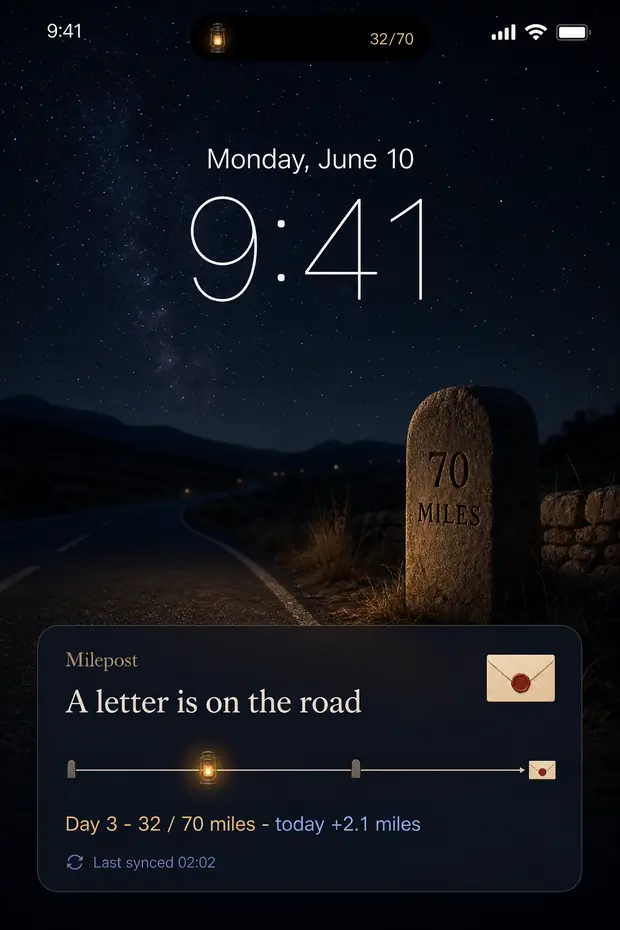iPhone lock screen showing a letter 32 of 70 miles along, plus 2.1 miles today