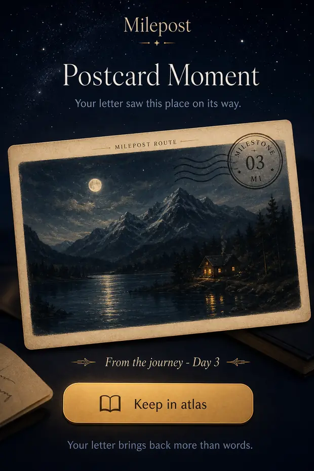 A postcard brought back from the journey, stamped at milestone 3