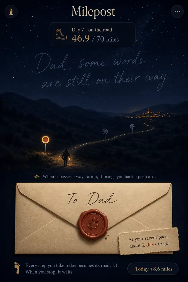 A sealed letter walking a night road, day 7, 46.9 of 70 miles carried